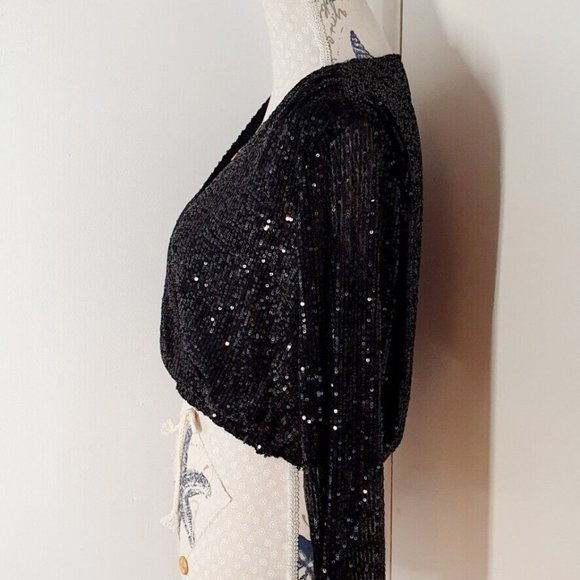 H&M Sequined Wrapover Long Sleeve Cropped Blouse in Black, Size S, UK 8 - Picture 7 of 10